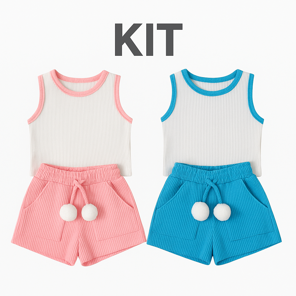 Kit 2 Conjuntos Infantis Menina Regata Ribana + Short Ana Ruga com Pompom 2 a 12 anos