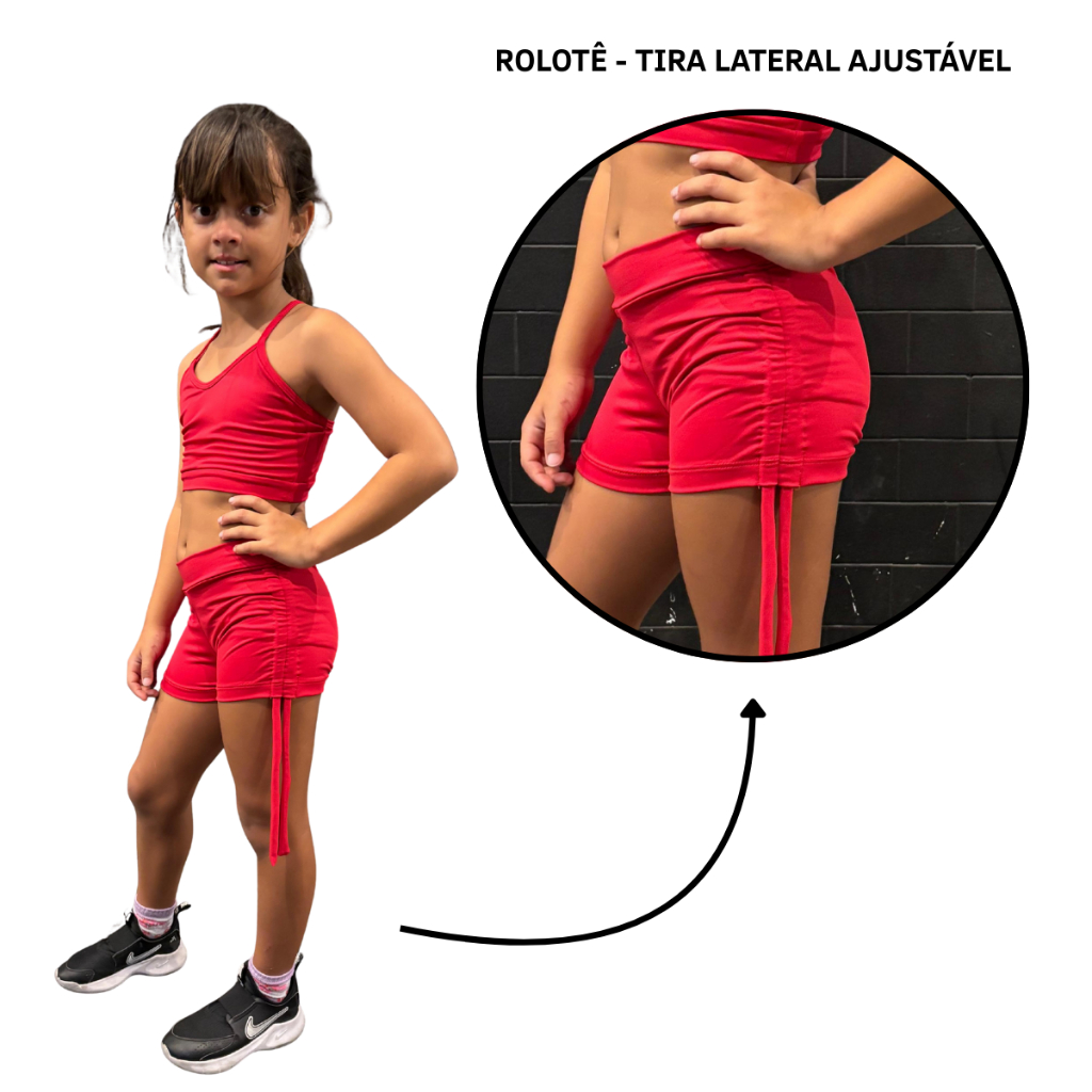 Conjunto  Fitness Infantil Feminino – Top + Short Rolotê Academia  Poliamida Ginastica Cross Academia Dança