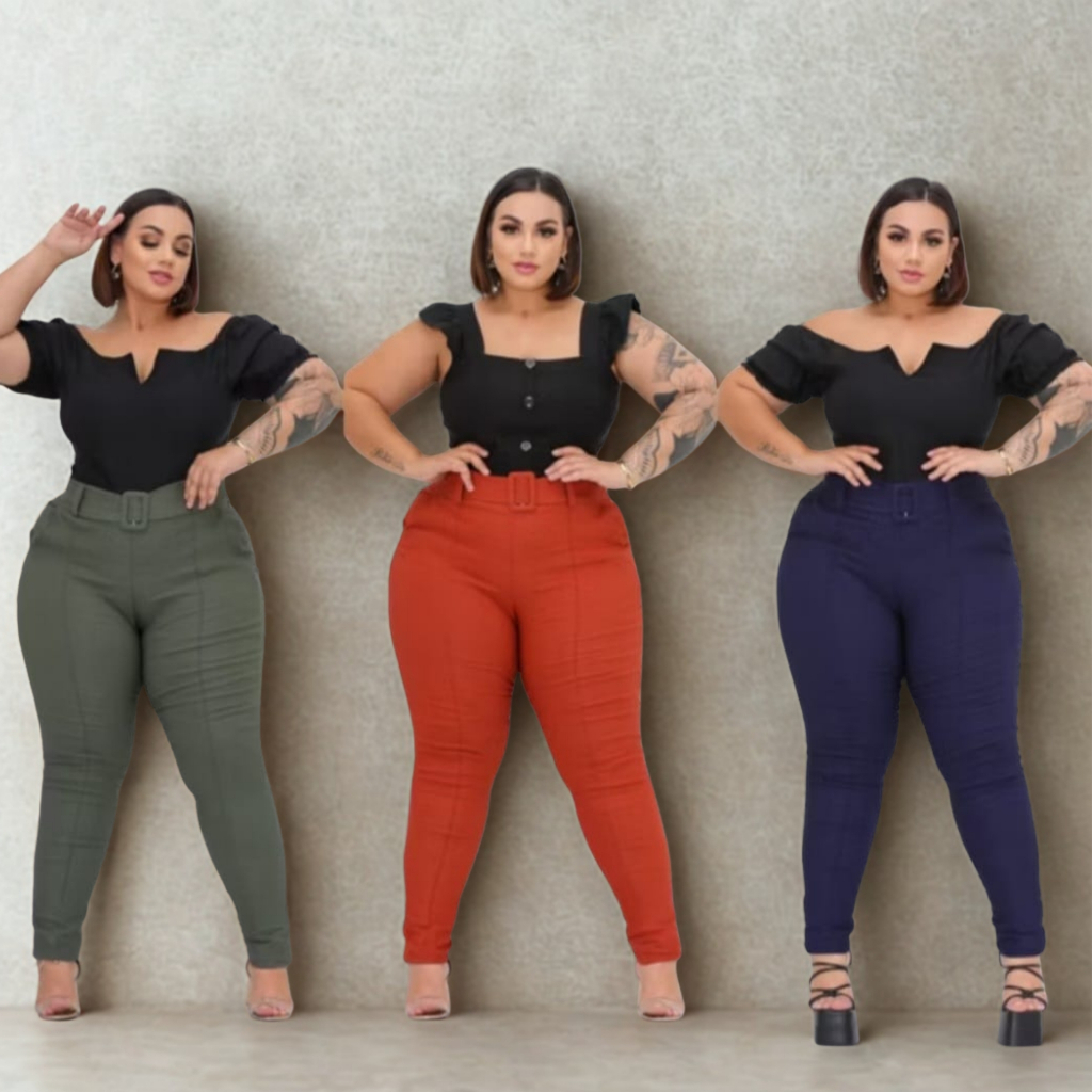 Calça Skinny Feminina com Cinto Estilo Alfaiataria Plus Size do P ao G3 Tecido Bengaline Premium Tendencia 2026