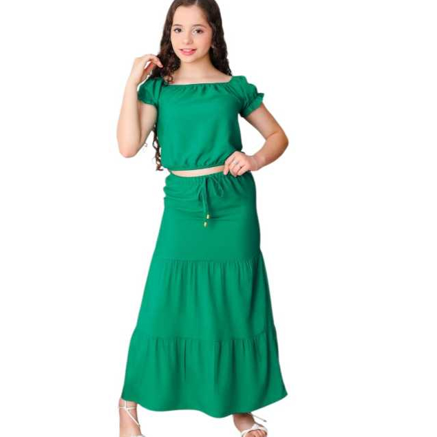 roupa Conjunto Infantil Feminino Verde – Saia Longa com Elástico e Blusa estilo ciganinha Manga Curta  blackfriday*