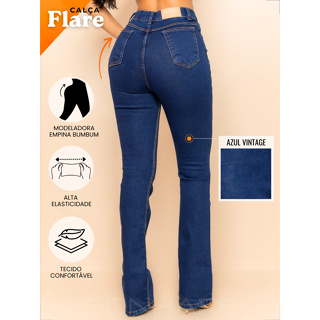 Calça Flare Boca de Sino Jeans Feminina Cintura Alta com Lycra Premium Modela e Empina Bumbum 01 em Oferta na Shopee