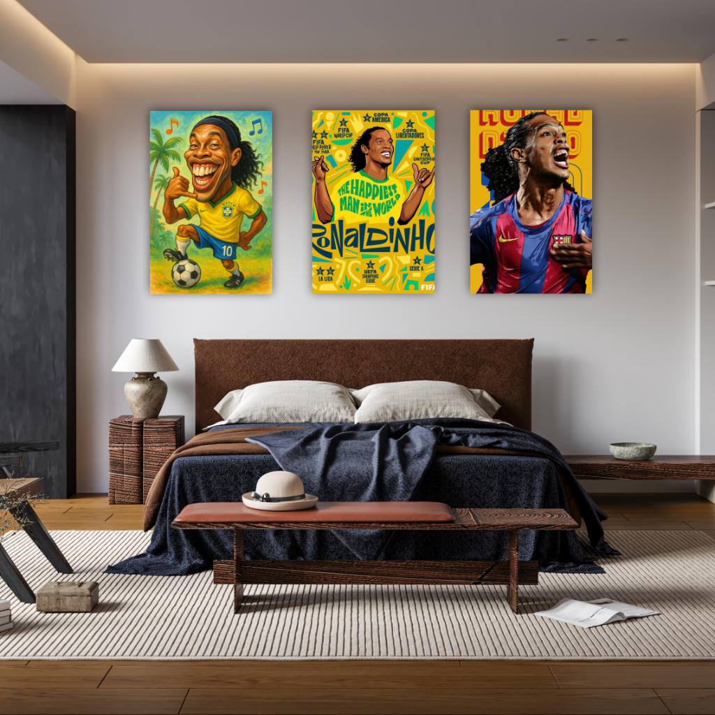 Quadro Decorativo Ronaldinho Gaúcho Seleção Brasileira Copa Do Mundo Para Parede Decoração 3 Peças