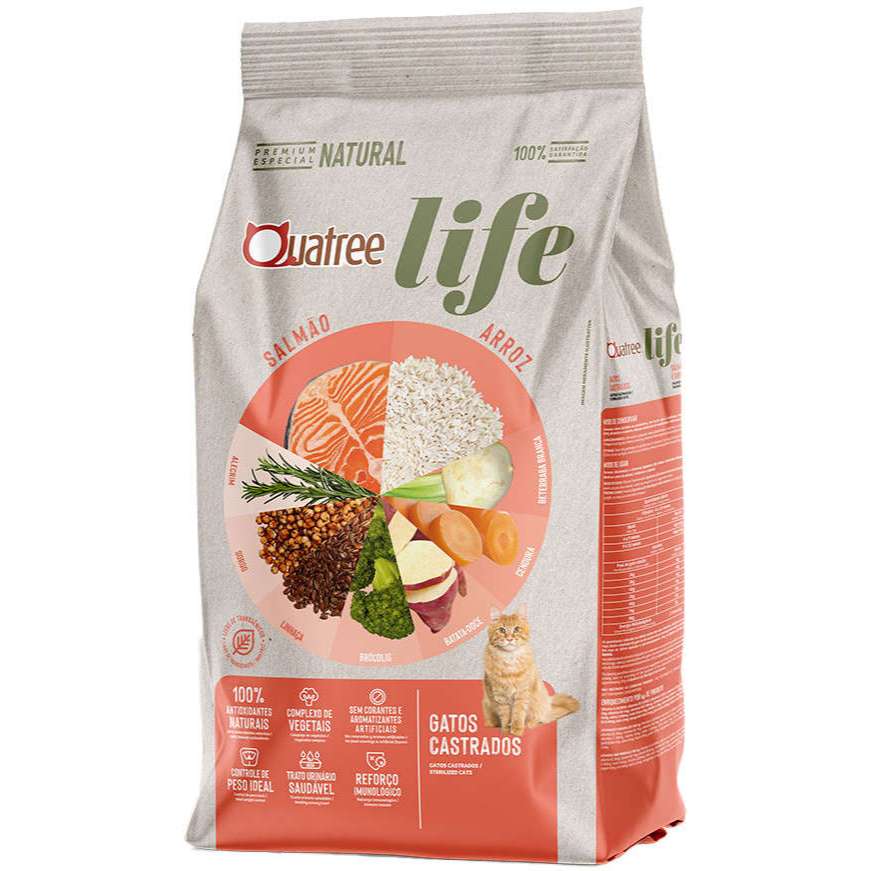 Ração Quatree Life Gatos Castrados sabor Salmão e Arroz 10.1 Kg