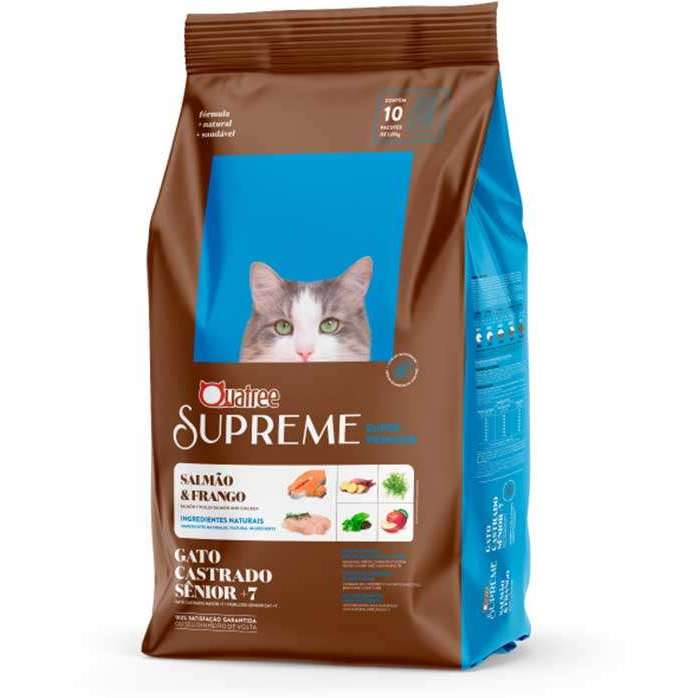 Ração Quatree Supreme Gatos Castrados Senior +7 sabor Salmão e Frango 10.1 Kg