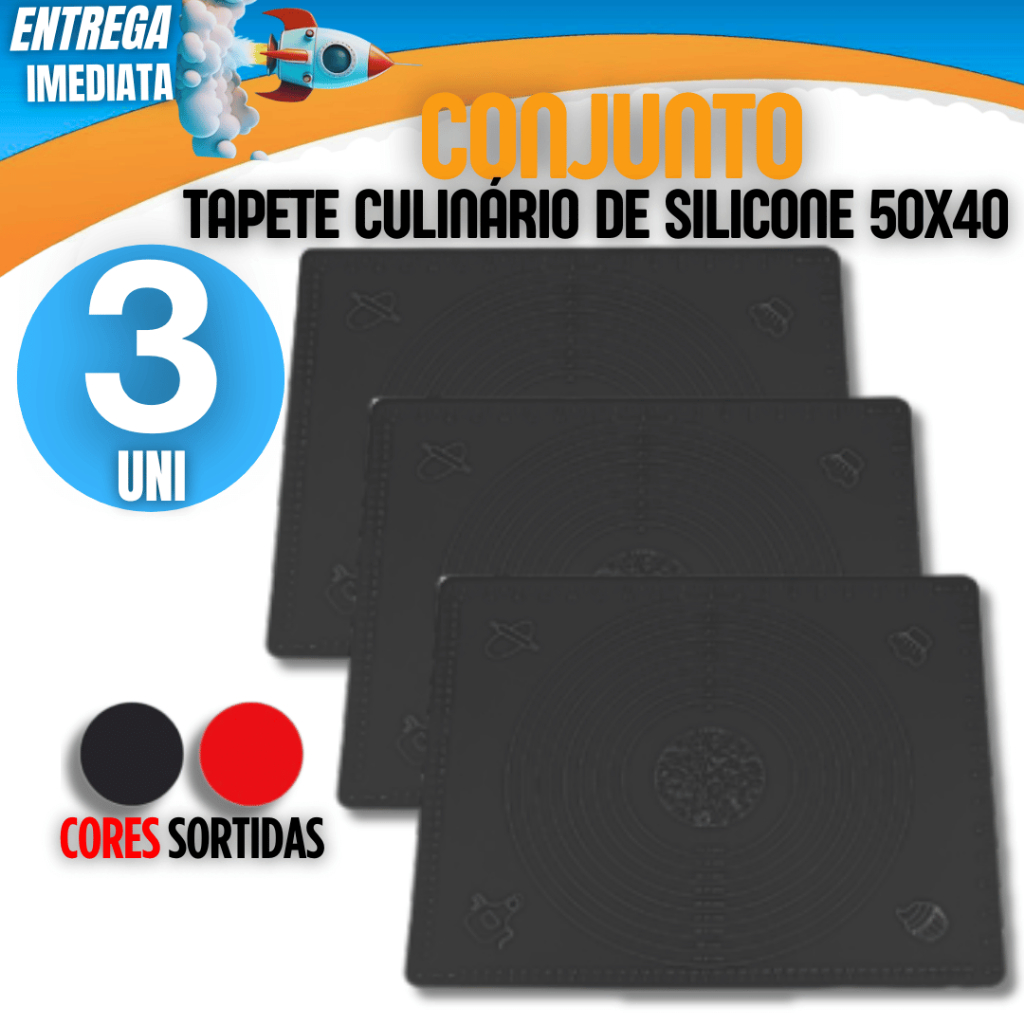 Conjunto  03 Unidades -  Tapete Culinário Silicone Maleável Com Medidas Esteira Confeitaria Massas Pizza Artesanato