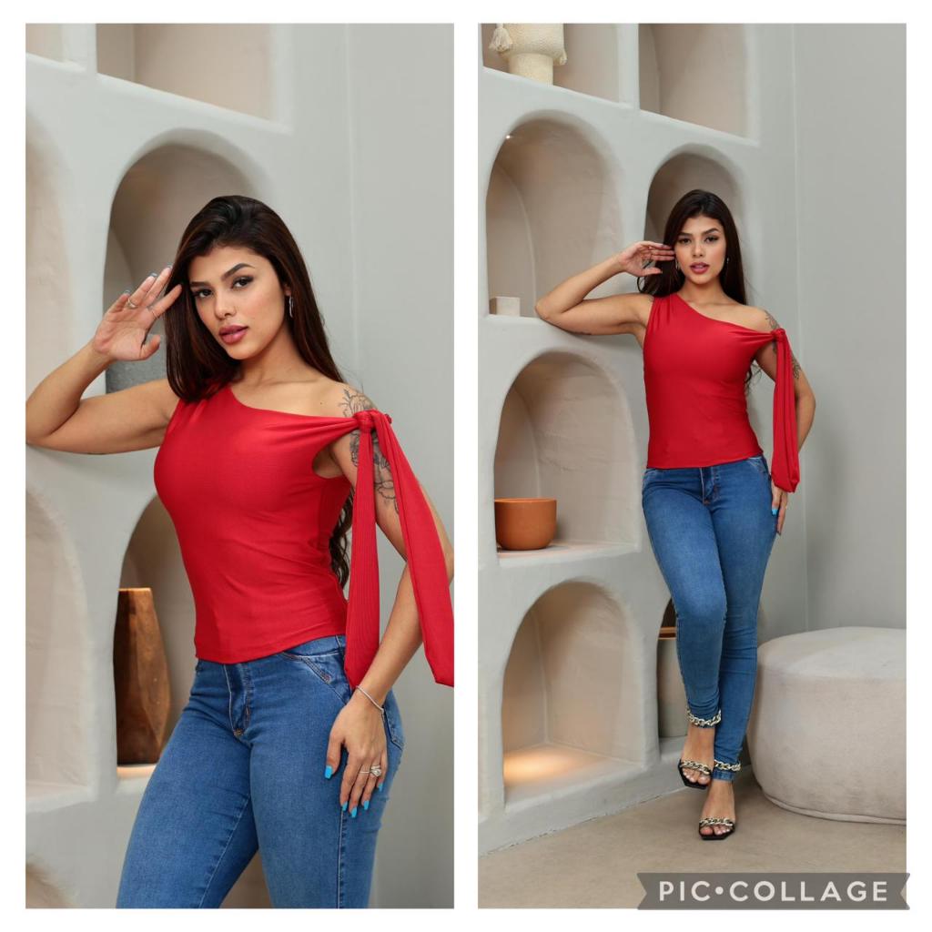 BLUSA FEMININA SUPLEX ASSIMETRICA Con Detalle De  Amarração no Hombro. Duplo Tecido em Oferta na Shopee