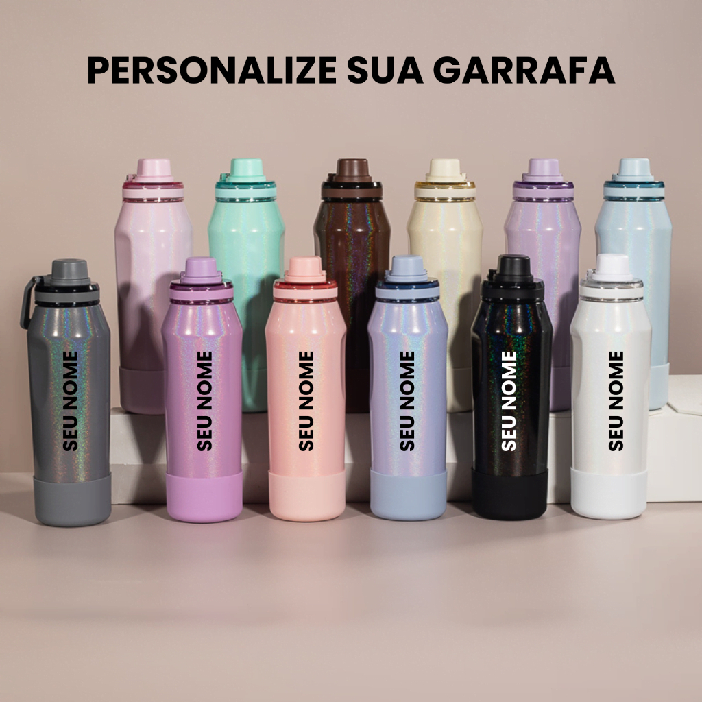 Garrafa Térmica 950ml Inox Holográfico Personalizável Parede Dupla Bebida Gelada Quente Academia