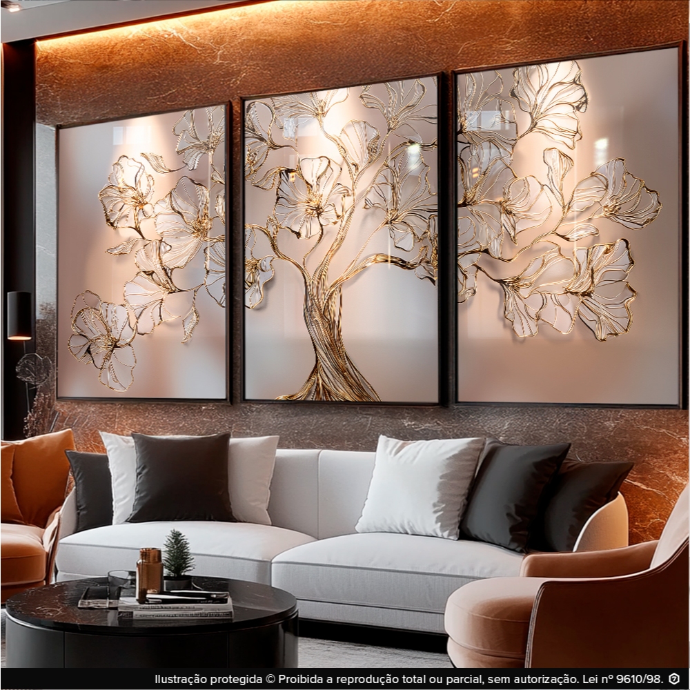 Coleção de Quadros Decorativos Trio para Sala Árvore Delicado Flores Douradas