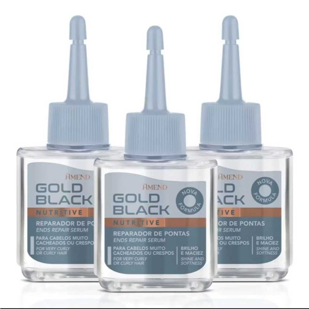 Kit 3 Reparador Pontas Cabelos Cacheados Amend Gold Black 30ml em Oferta na Shopee