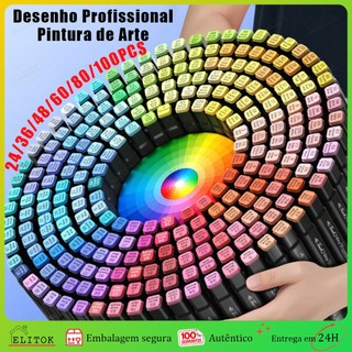 48/60/80Cores Caneta Marcadora Touch com Ponta Dupla Preta p/ Desenho Profissional e Pintura de Arte