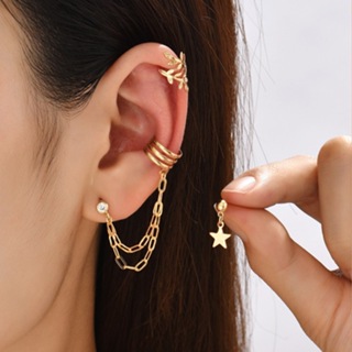 Brincos femininos populares de estrela de cinco pontas, corrente quadrada, brincos de borla, conjunto de 3 peças em Oferta na Shopee