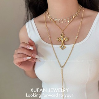 Colar feminino retrô de alta qualidade com cruz de camada dupla e design de nicho, Y2K corrente para clavícula em Oferta na Shopee