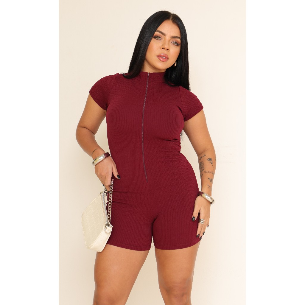 Macaquinho Feminino Primavera Verão  Macacão Curto Virginia Casual Com Zíper Frontal Casual