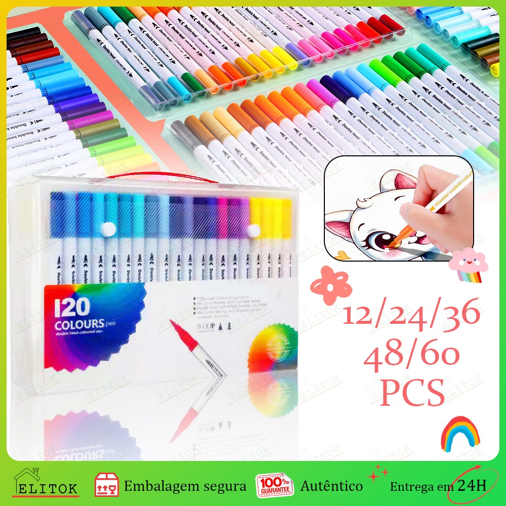 Kit Caneta 2 em 1 Brush Lettering e Ponta Fina Dual Pen Canetinha Colorir Desenho 12/24/36/48/60 em Oferta na Shopee