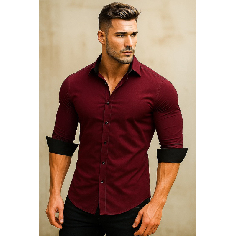 Camisa Masculina Slim Fit Luxo Detalhe Interno gola e punho
