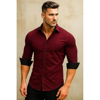 Camisa Masculina Slim Fit Luxo Detalhe Interno gola e punho em Oferta na Shopee