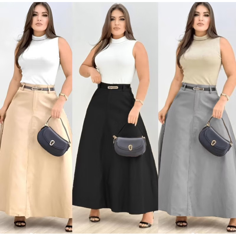 Saia Longa Feminina Alfaiataria com Bolso Cintura Alta  Moda Evangélica em Oferta na Shopee