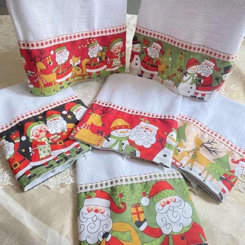 Panos de Prato de Natal Kit 4 peças Decoração Limpeza 100% Algodão Papai noel Premium