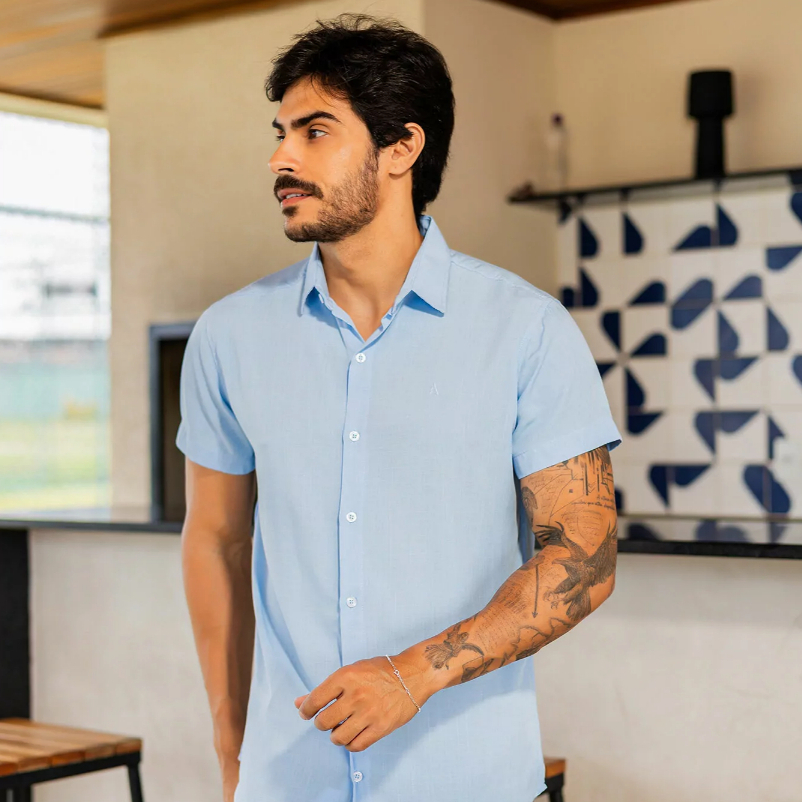 Camisa Linho Masculina Manga Curta Slim Masculino Coisas Masculinas