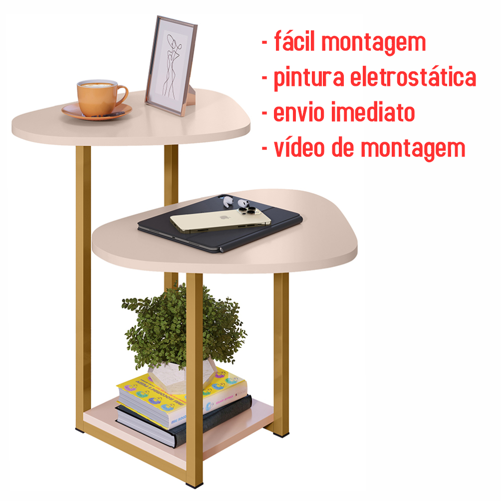 Mesa Apoio Lateral Sala DECORAÇÃO com 2 Tampos Pés de Ferro Industrial
