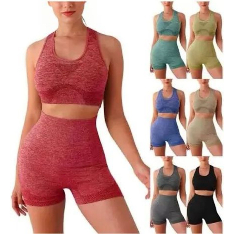 Conjunto Academia Fitness Feminino Leggings 1 Top 1 Shorts Levanta Bumbum Sem Costura E Bojo