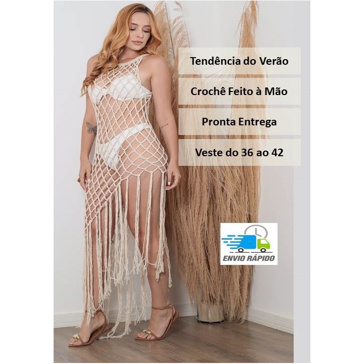 Vestido Saída de Praia de Crochê com Franja Feito à Mão Algodão Artesanal verão saida croche macramê