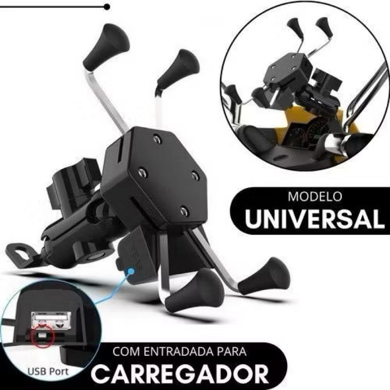 Suporte de Celular Moto com Carregador USB 5V 2A – Rotação 360° Universal, Fixação Segura para Guidão e Smartphones