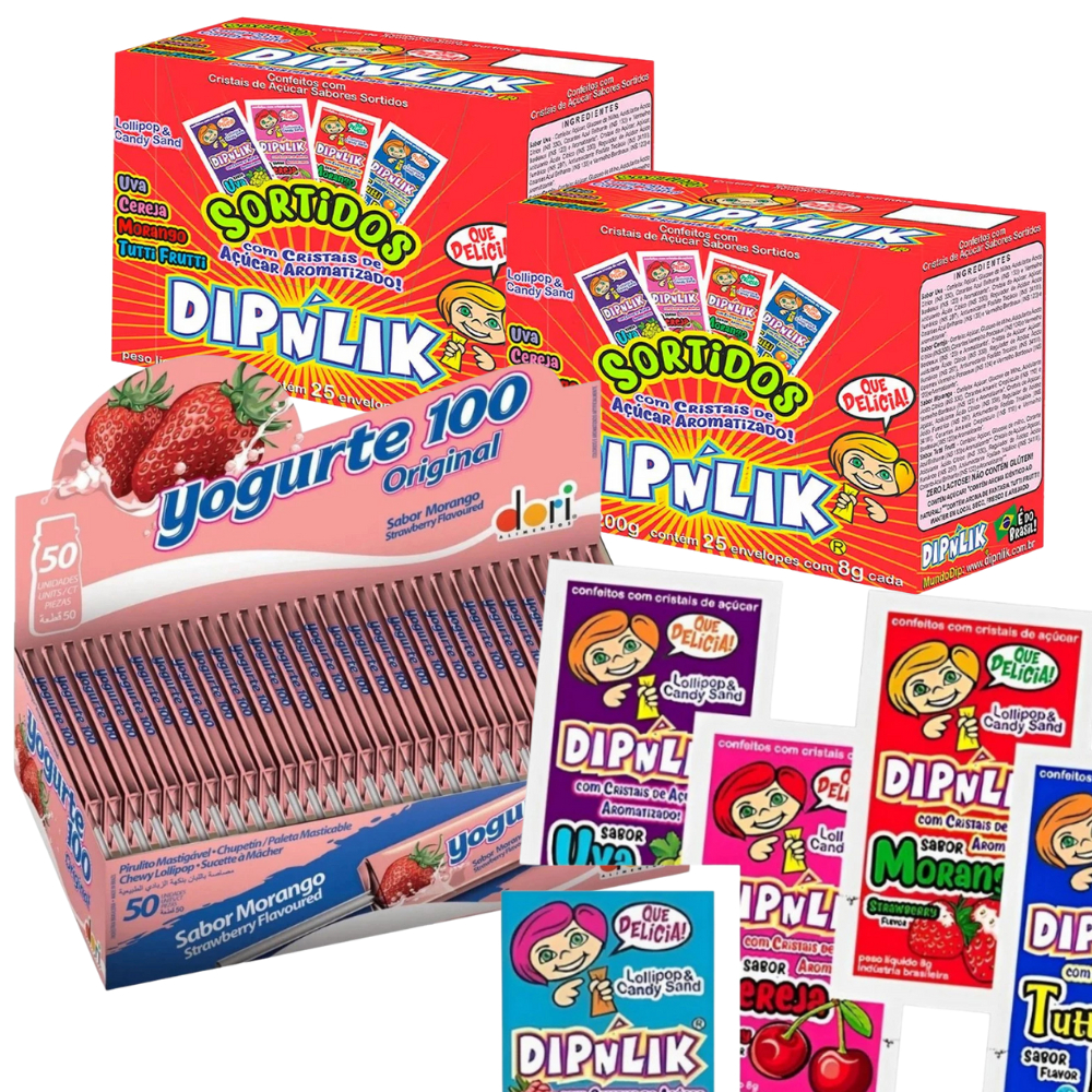 Kit Doces 2 Caixas de Pirulito Dipnlik + Pirulitos Mastigáveis Yogurte 100 C/50 Unidades