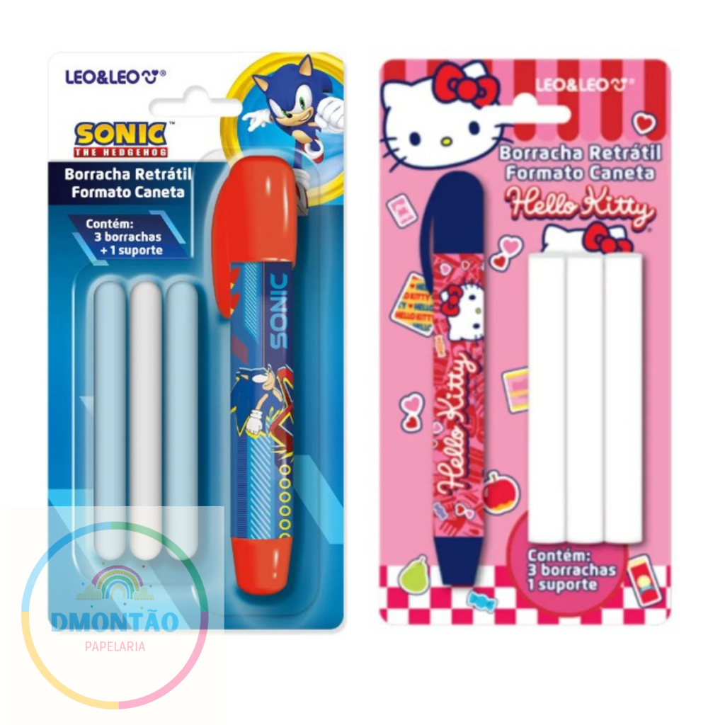 BORRACHA CANETA RETRÁTIL HELLO KITTY - BLISTER C/ 1 SUPORTE E 3 BORRACHAS LEO&LEO em Oferta na Shopee