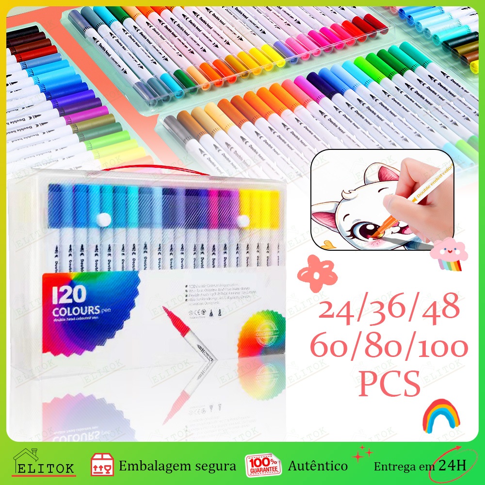 Kit Caneta 2 em 1 Brush Lettering e Ponta Fina Dual Pen Canetinha Colorir Desenho 24/36/48/60/80/100/120