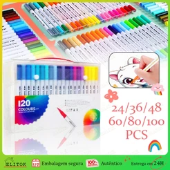Kit Caneta 2 em 1 Brush Lettering e Ponta Fina Dual Pen Canetinha Colorir Desenho 80/60