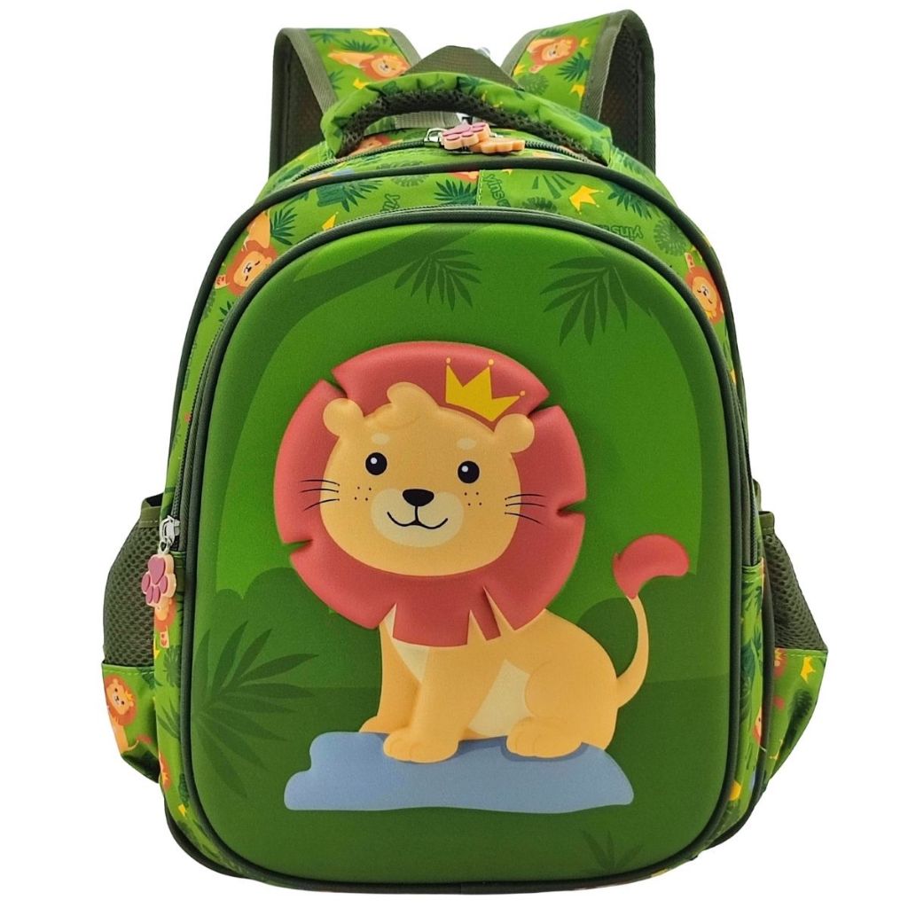 Mochila Infantil 3D Leão Verde Zíper Duplo Fofo, Bolso Garrafa, Alça Acolchoada Volta às Aulas em Oferta na Shopee