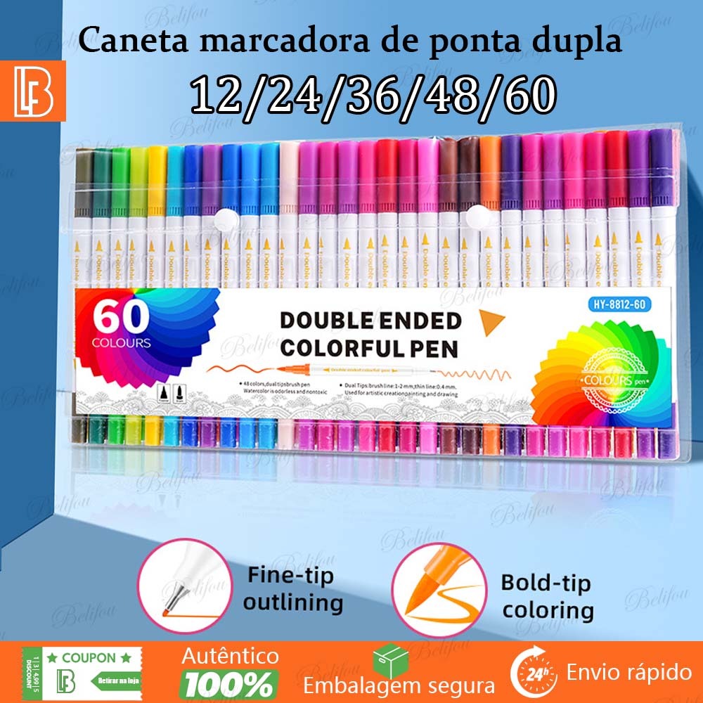 12/24/36/60 Kit Caneta 2 em 1 Brush Lettering e Ponta Fina Dual Pen Canetinha Colorir Dese...