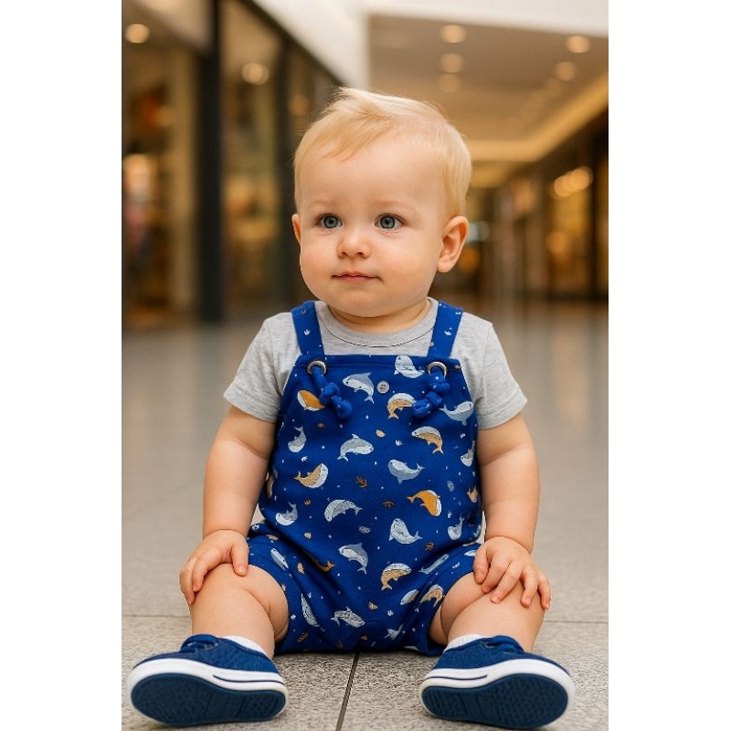 👶✨ Jardineira Bebê Menino Curta com Body ou Camiseta 2 Peças – Cotton Premium Marisol com Elastano Estampada (P, M, G)