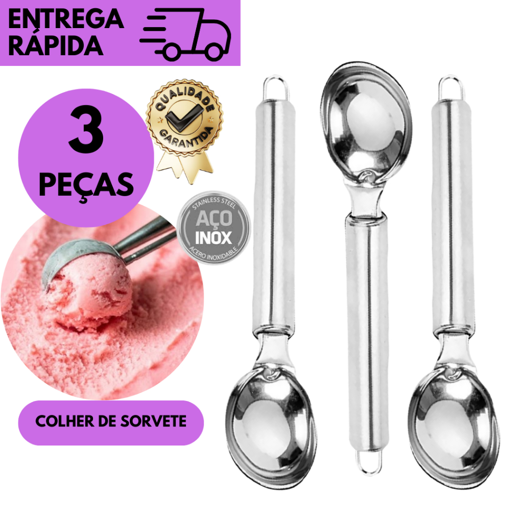 Kits 3/2 ou 1 Colher Inox Sorveteira Cabo Ergonômico Resistente Ideal /Sorvete, Açaí e Milkshake