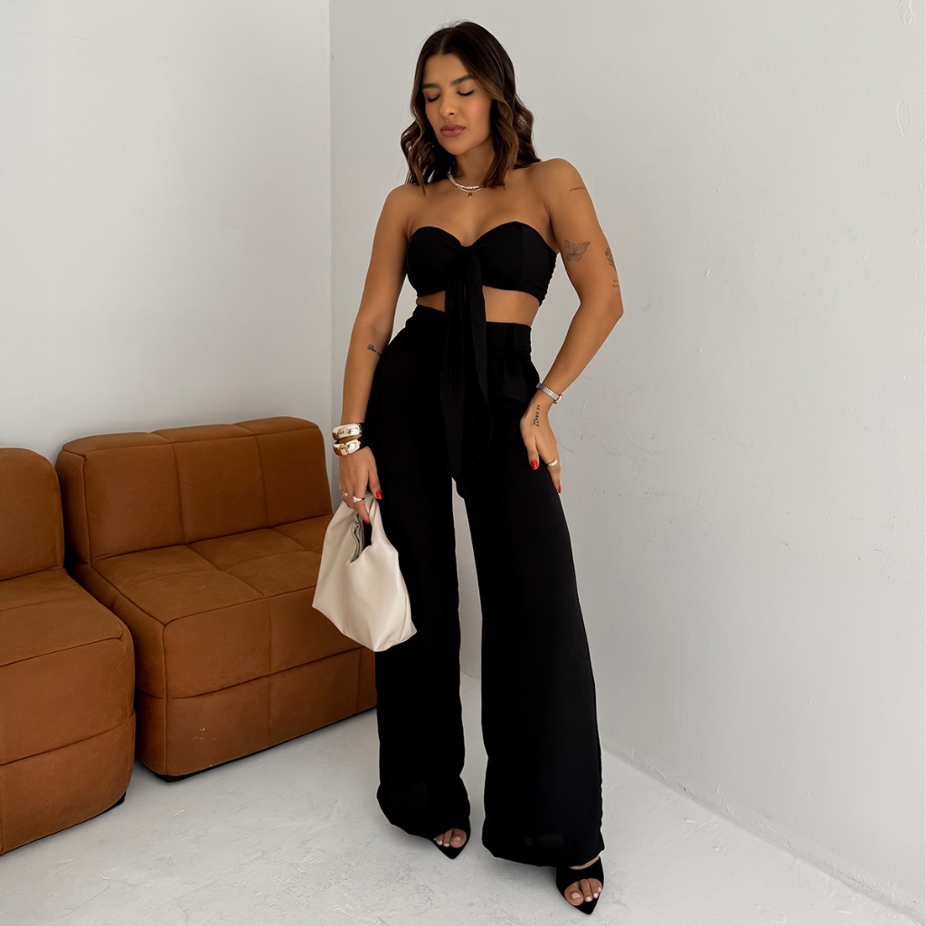 Conjunto Feminino Verão Top Cropped com Laço e Calça Pantalona Duna Elegante Leve Confortá...