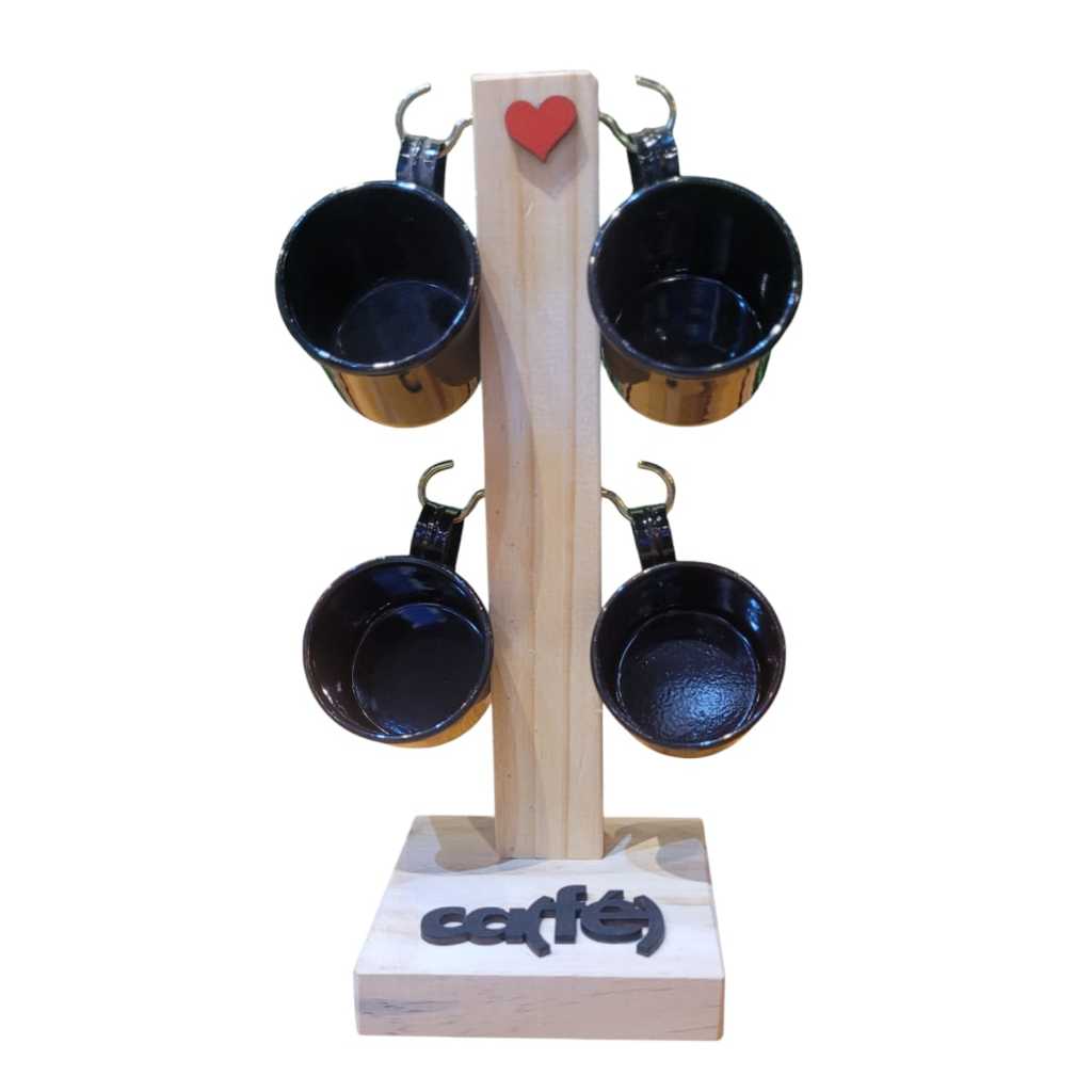 Suporte Pedestal de Madeira + 4 Xícaras de alumínio 60ml Flutuante Gancho - Café, Chá, Cozinha