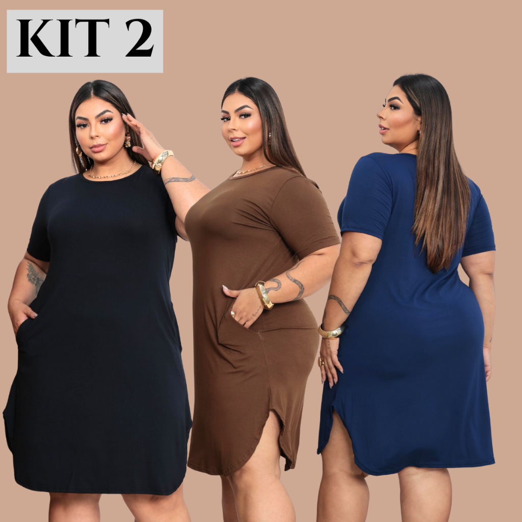 Kit 2 Vestido Plus Size Feminino Casual com Bolso e Fenda Lateral  Confortável Elegante para o Dia a Dia em Oferta na Shopee