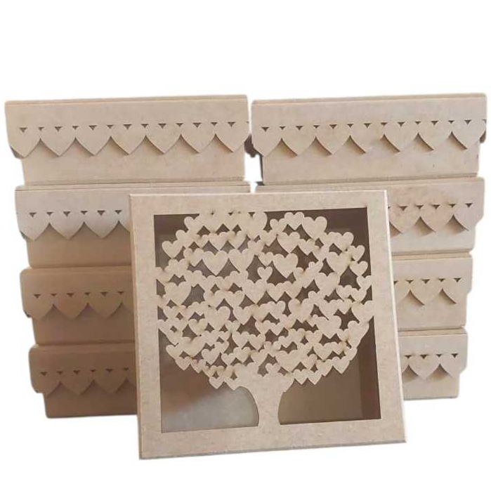 5 Caixas Árvore de Corações  Madeira MDF 15x15x5 cm Art. Capricho