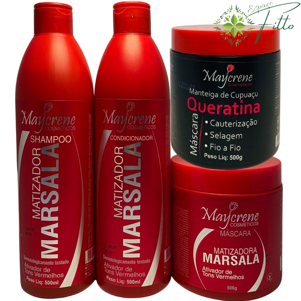 Kit Matizador Marsala Maycrene ( Shamp + Cond + Másc ) + Mascara Queratina Maycrene 500g em Oferta na Shopee
