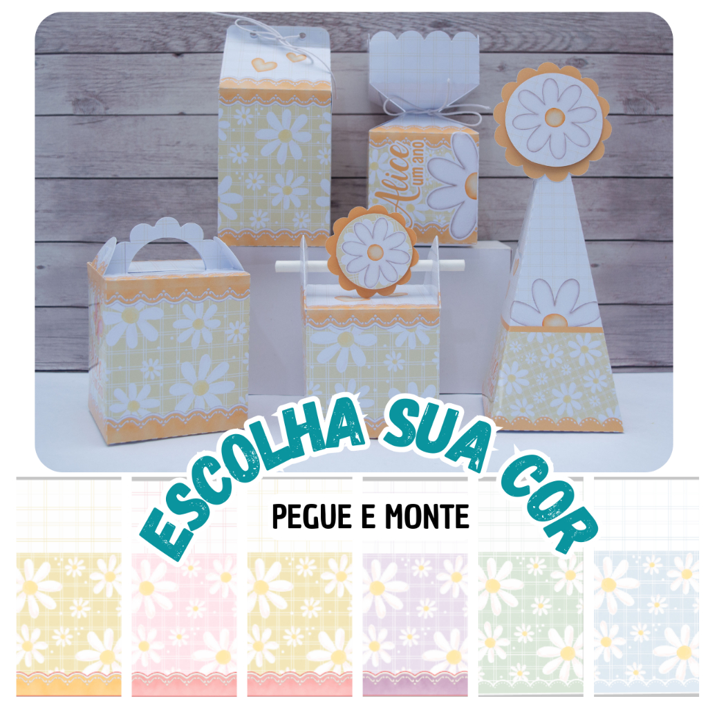 Caixinhas personalizadas MARGARIDAS (pegue e monte) - kit caixas lembrancinha para festa amarela rosa lilas azul verde