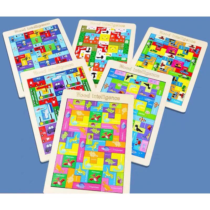 Quebra-cabeça de madeira com padrão de desenho animado infantil em Oferta na Shopee