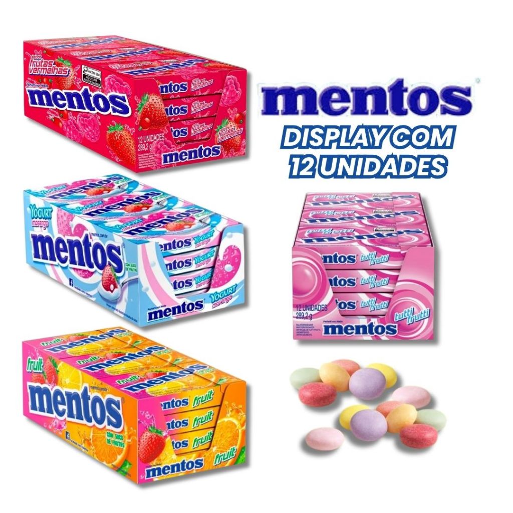 Bala Mentos Box com 12 unidades de 24g Frutas Vermelhas, Iogurte, TuttiFrutti e Frutas Sortidas