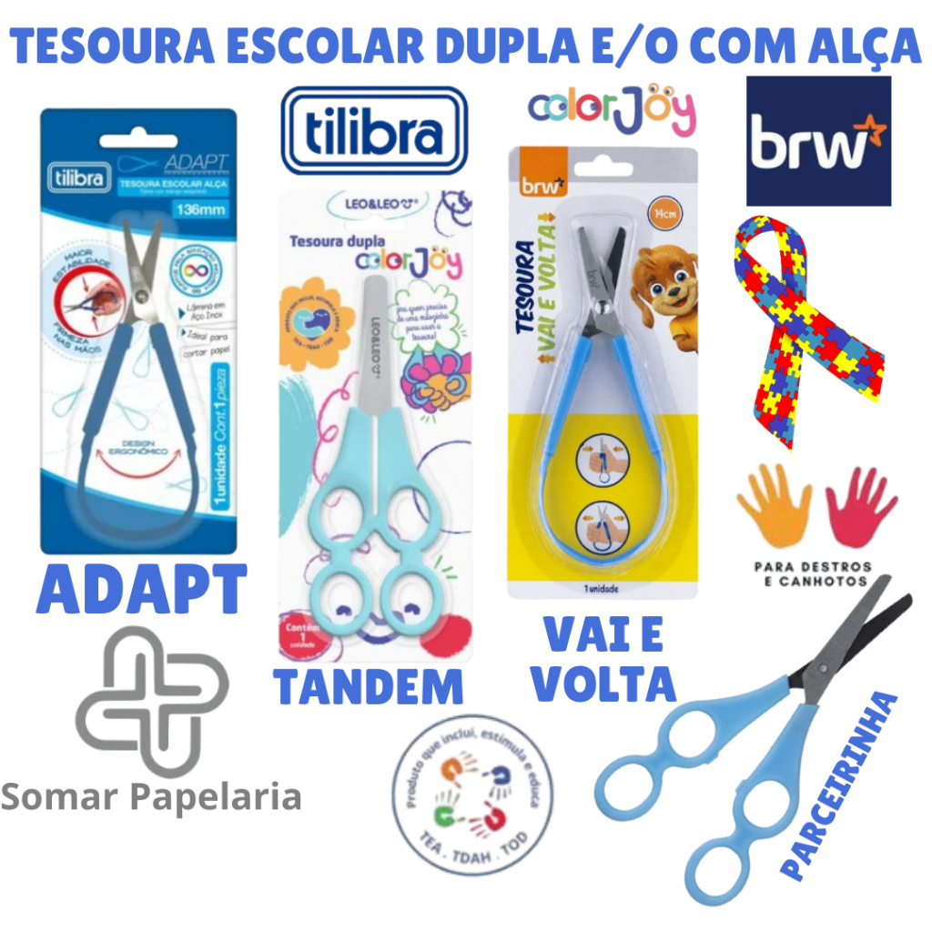 Tesoura com Alça Ergonômica Tilibra e BRW - Tesoura Dupla TANDEM e BRW Inclusão Autismo em Oferta na Shopee