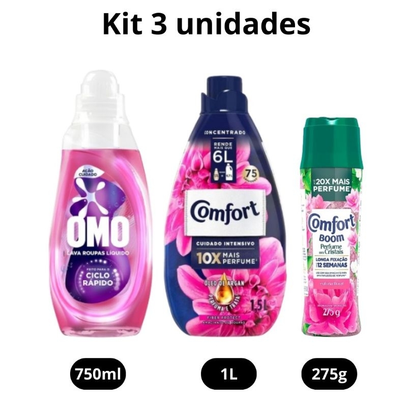 Kit 1 Lava Roupas Omo Ciclo Rapido Rosa 750ml + Amaciante Comfort Brisa Elegante 1L + 1 Comfort Boom Cristais Rosa 275g