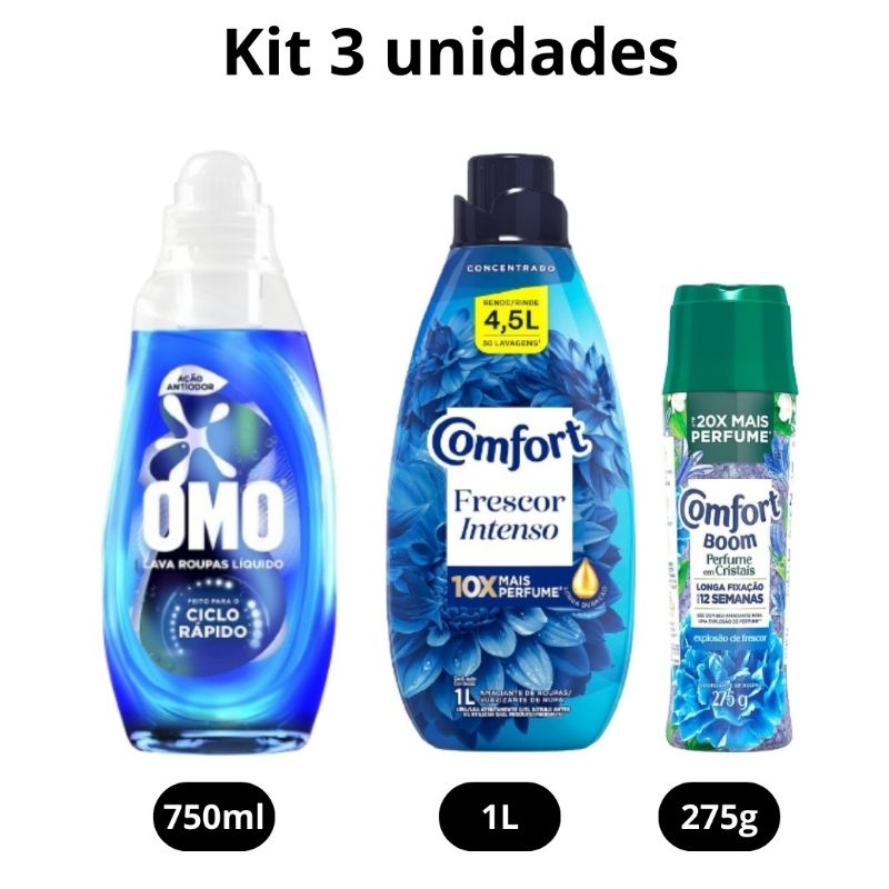 Kit 1 Lava Roupas Omo Ciclo Rapido Azul 750ml + 1 Amaciante Comfort Frescor 1L + 1 Comfort Boom Cristais Azul 275g