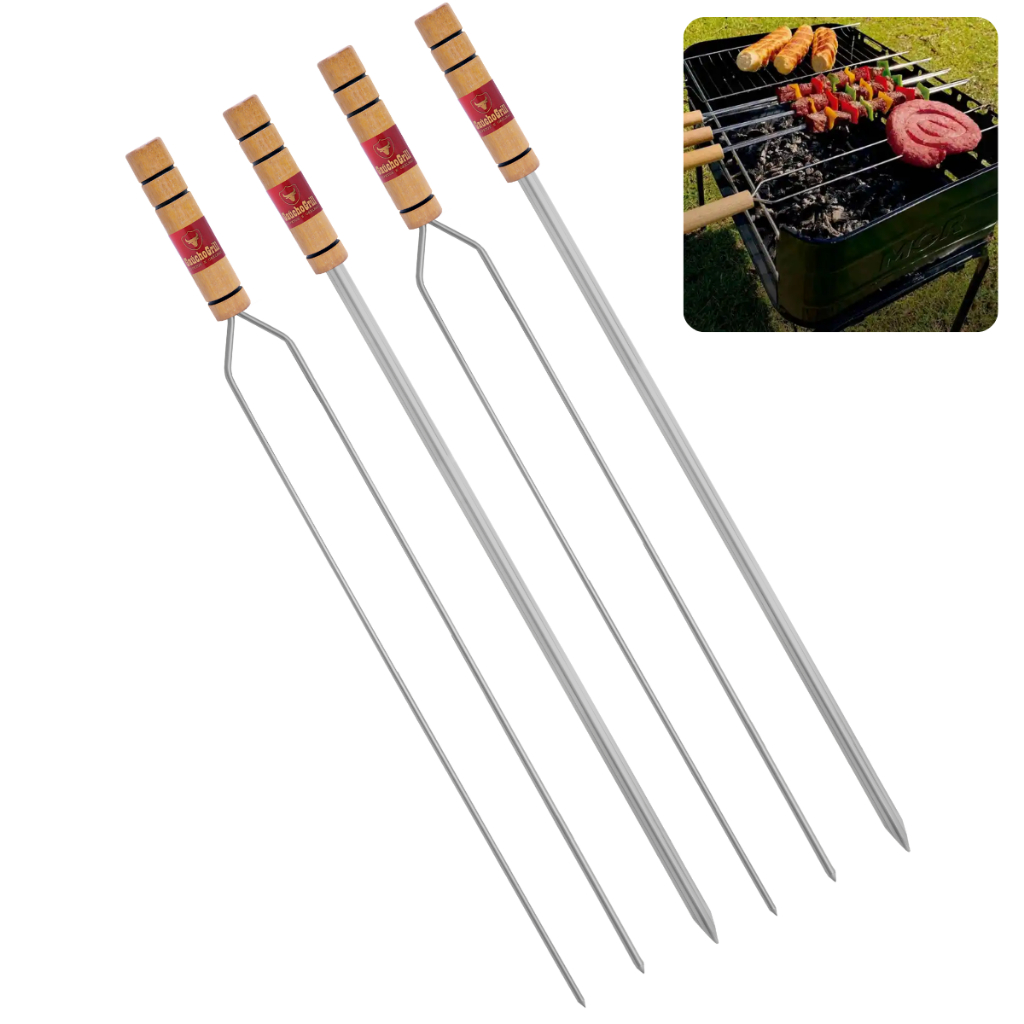 Espeto para Churrasco 65cm Reto e Duplo Galvanizado Com Cabo Madeira Utensílio Churrasqueira