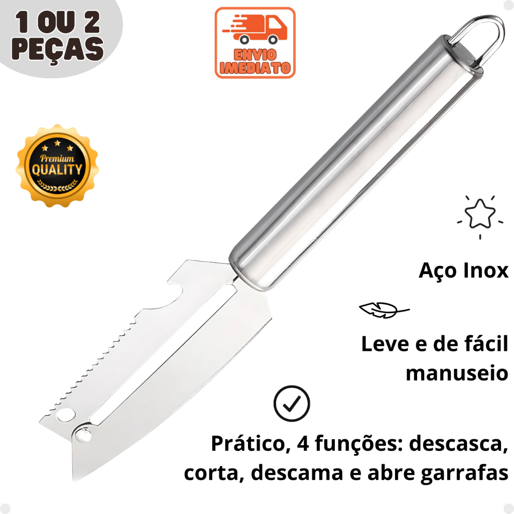 Faca Descascador Fatiador 4 em 1 Aço Inox Utensílios de Cozinha Multifuncional Abridor e Descamador