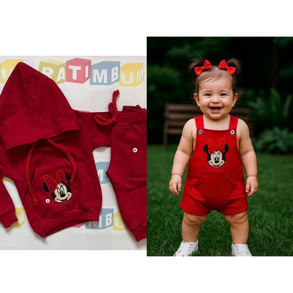 Minnie Conjunto Moletom Minnie e Mickey ou Jardineira Infantil Bebê Flanelado com bordado em Oferta na Shopee