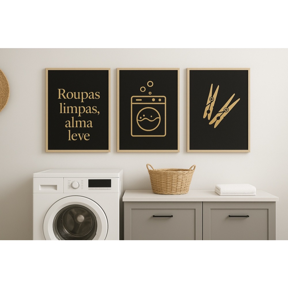 Kit 3 Quadros Decorativos Lavanderia Moderno Preto e Dourado Frase Roupas Limpas Alma Leve  60x40 ou 20x30 em Oferta na Shopee